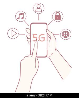 An illustration shows hands using a smartphone, emphasizing the benefits and connectivity of 5G technology Stock Vector