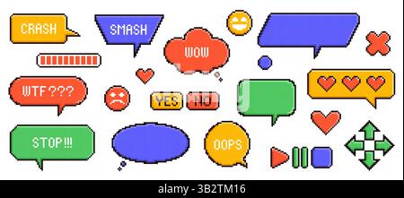 Pixel game speech bubbles. Retro computer graphic, 8 bit game design elements, dialogue text boxes and message balloons, communication symbol, icon Stock Vector