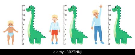 Kid measure height. Funny boy gradually growing process, ruler with dinosaur, childish wall meter, from toddler to teenager measurement, cartoon flat Stock Vector