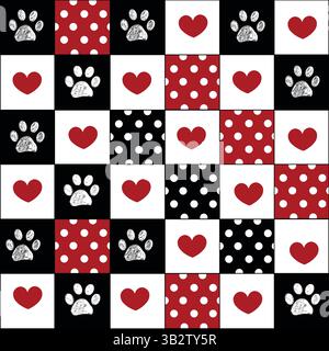 Plaid pattern Christmas design with paw prints and hearts seamless fabric design Stock Vector