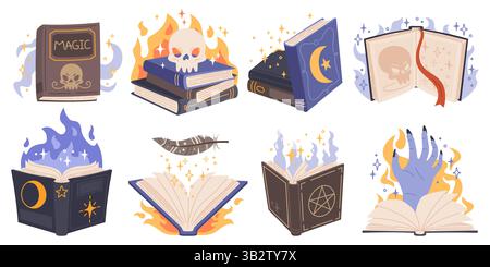 Cartoon magic spell books. Wizard manuscripts with different mystery effects, fantasy charms, fairy tales, game elements, fire, scull and spooky hand Stock Vector