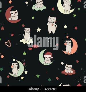 Moon and cats pattern green black Stock Vector