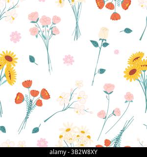 Garden bouquets seamless pattern. Flowers roses, daisy, chamomile, sunflowers, tulips. Isolated blossom floral branches, orchids, vector background Stock Vector