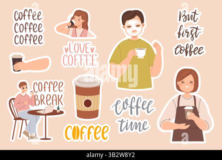 Coffee stickers design. Morning drink lettering, happy barista with take away mud. Man on break with beverage, boy with face mask and coffee cup Stock Vector