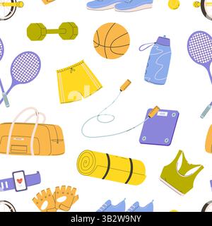 Sport equipment, tools and clothes seamless pattern. Workout elements, dumbbell, ball, training boots and shirt, yoga mat, vector background Stock Vector