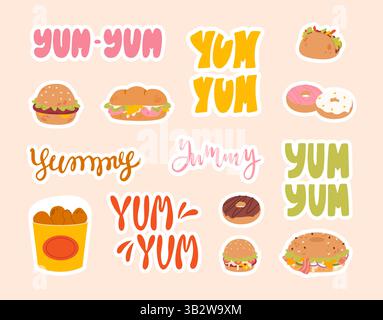 Fast food stickers pack. Junk food, burgers, sandwiches, donuts, chicken legs in basket, mexican tortillas. Yum yum yummy lettering, vector clipart Stock Vector