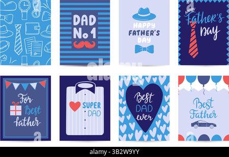 Fathers day doodle cards. Congratulation for dad, postcards design with handwritten phrases and male items. Posters or covers, neoteric vector banners Stock Vector