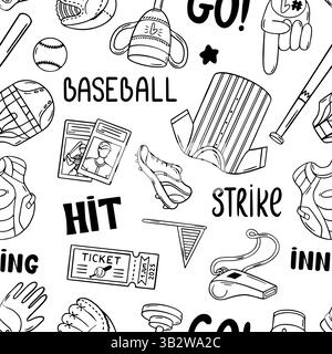 Baseball seamless pattern. Sport doodle equipment, ball bat uniform boots ticket. Sporty print for fabric web design wallpaper, neoteric vector Stock Vector