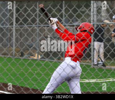 Rear view looking through a fence at a baseball player swinging at the ball during a game Stock Photo