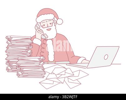 Santa Claus multitasking with phone and laptop, sorting through letters and paperwork for the holidays. Stock Vector