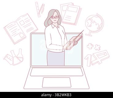 This digital illustration shows a teacher with educational materials in an online setting to enhance learning Stock Vector