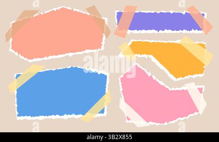 Torn Paper Sheets set with Scotch Tape. Contemporary Art Collage Colorful Sheets. Ripped paper strips set.  Stock Vector