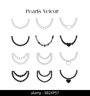 Elegant Pearl Icon Vector Set – Necklace, Jewelry, Gemstone, Accessory Collection Stock Vector