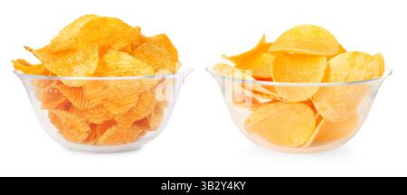 Delicious crispy potato chips in glass bowls isolated on white Stock Photo