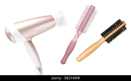 Hair dryer and round brushes in air on white background, collage Stock Photo