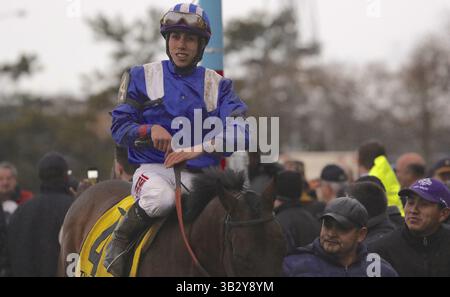 Nov. 28, 2015 - New York, New York, U.S - Speckled with dirt from the race, IRAD ORTIZ, JR. comes off the track immediately after finishing third aboard MATROOH in the Cigar Mile Handicap on a rainy day at Aqueduct. (Credit Image: © Staton Rabin via ZUMA Wire) Stock Photo