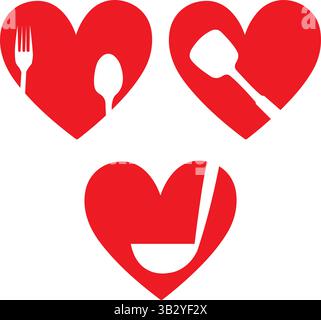 Red hearts with kitchen utensils drawn on them isolated on a white background Stock Vector