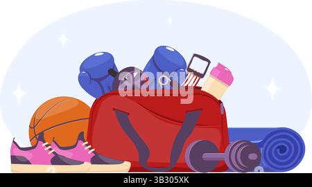 Sporty red bag with sportsman equipment for athletic activities. Gym training. Boxing gloves. Sneakers and dumbbells. Water bottle. Ball and mat for w Stock Vector