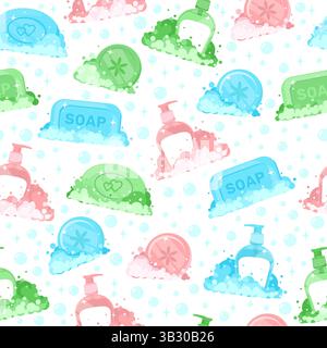 Multicolored soap lather seamless pattern. Liquid cleanser bottle. Cleaning foam. Soapy suds. Detergent glycerin bar. Repeated print. Bathroom and lau Stock Vector