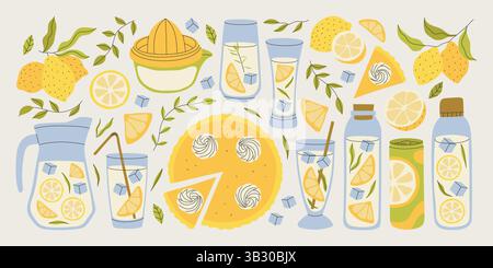 Lemonade in jar, mint cocktails cartoon set Stock Vector