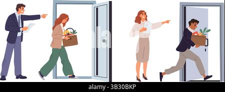 Manager firing their employees from jobs. Employer pointing them out door. Sad man and woman leaving workplaces. Worker dismissal. Office staff layoff Stock Vector