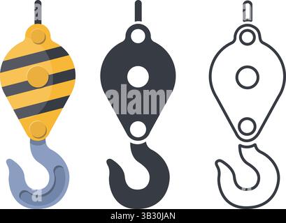 Crane hook icon. Black and white line industrial symbol. Silhouette building equipment. Striped hanger. Lifting machinery. Construction site. Freight Stock Vector