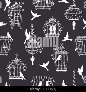Birds in cages and on loose silhouette seamless pattern. Vintage birdcages with ivy leaves. Birdie perches and feeders. Repeated black print. Trapped Stock Vector