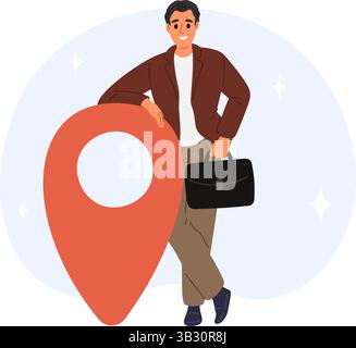 Businessman stands to large locational marker indicating corporate office location. Big business navigation pin. Traffic route map icon. GPS navigator Stock Vector