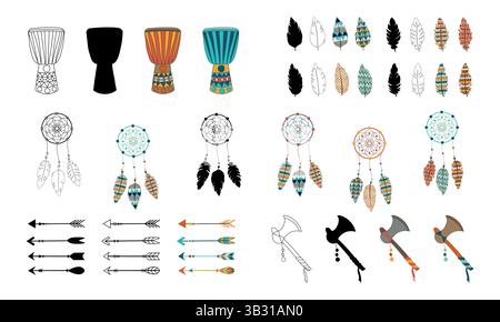 Set of Indian tribal elements with drums, dreamcatchers, feathers, arrows, axes tomahawks in various silhouettes, outlines, colorful designs isolated Stock Vector
