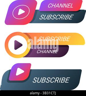 A collection of three eye catching and modern lower-third graphics designed for social media platforms, intended to encourage viewers to subscribe to Stock Vector