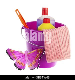 Violet plastic bucket with liquid bottles cloth and brush Stock Photo