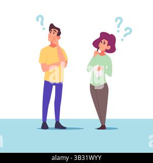 Thoughtful. male and female characters standing with question marks Stock Vector