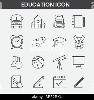 Minimalist Education Icon Set: School Symbols, Graduation, Science Tools & Learning Elements in Black & White Stock Vector