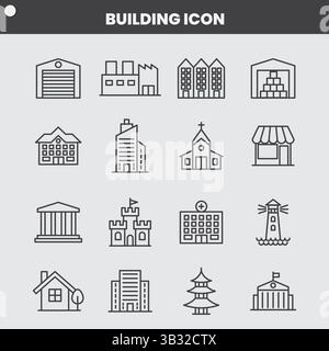 Minimalist Architectural Icon Set: Urban Landmarks, Building Symbols & Infrastructure Elements in Monochrome Stock Vector