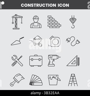 Minimalist Construction Icon Set with Building Tools, Crane, Worker, and Equipment Line Art Design Stock Vector
