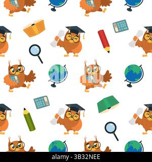 Smart cartoon owls seamless pattern. School owl character, wild birds teachers and students. Funny print for fabric, wallpaper, classy vector Stock Vector