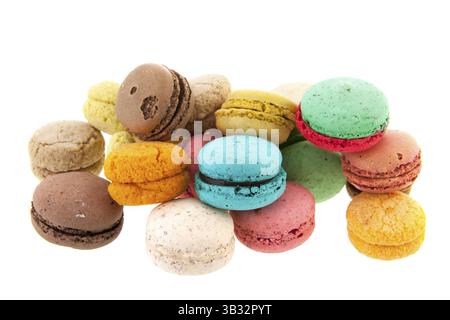 Colorful stacked French macaroons isolated over white background Stock Photo