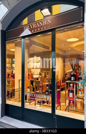Milan, Italy - April, 12, 2025: Dr. Vranjes Firenze boutique. Luxury home fragrances in glass bottles on display. Velvet Saffron collection Stock Photo