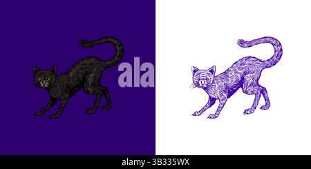 Black cat in defeating pose for Halloween witchcraft and sorcery things magician and voodoo hand drawn engraved  Stock Vector