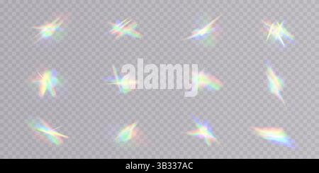 A collection showcasing stunning iridescent light reflections and beautiful flare effects in various styles and designs Stock Vector