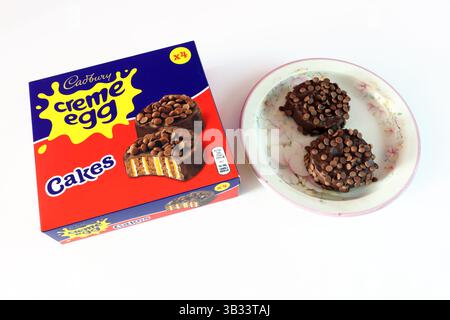 Box of Cadbury Creme egg cakes, two creme cakes on a plate, seasonal easter chocolate snack, food product Stock Photo