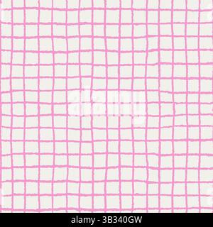 Check pattern seamless background with hand drawn pink lines and abstract grid. Vector checker design with wavy square texture. Cute print for plaid Stock Vector