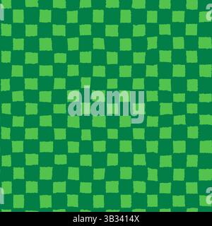 Playful green checker pattern with hand drawn grid, vector seamless background with light green squares on dark green texture in abstract checkerboard Stock Vector