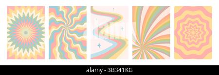 Retro pattern set. Abstract psychedelic Groovy backgrounds in retro colors. Twisted vector texture in trendy y2k style. Vector graphic for posters and Stock Vector