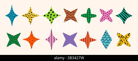 Playful collection of colorful abstract stars with hand drawn textures and bold patterns. Vector elements perfect for stickers, icons, graphic design Stock Vector