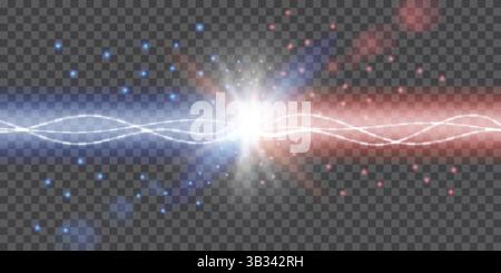 Vector conflicting lightning flying blue and red sparks. Concept for battle, confrontation or fight between two lightning. Powerful electric forces th Stock Vector