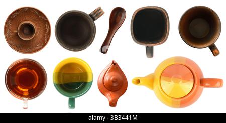 Variety of clay and ceramic utensils for making tea isolated on white background. Top view. Stock Photo