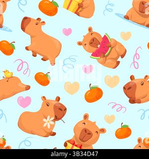 Capybara pattern. Kawaii capybaras seamless patterns, cute capibara baby animal cartoon characters background fabric print decor wallpaper childish mascot, neat vector illustration original artwork Stock Vector