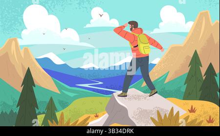 Mountain hiking. Man with backpack on top of mountain look landscape explore nature, climbing adventure hiker journey tourist outdoor recreation concept, classy vector illustration original artwork Stock Vector