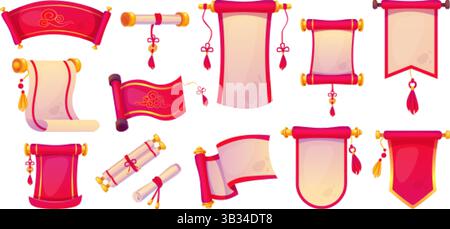 Chinese paper scrolls. Old paper roll royal letter with red rope, japan book reels asian vintage parchment banner lunar new year festive scroll, cartoon swanky vector illustration original artwork Stock Vector
